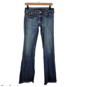 True Religion dark flared wide leg jeans distressed and for DIY size 28